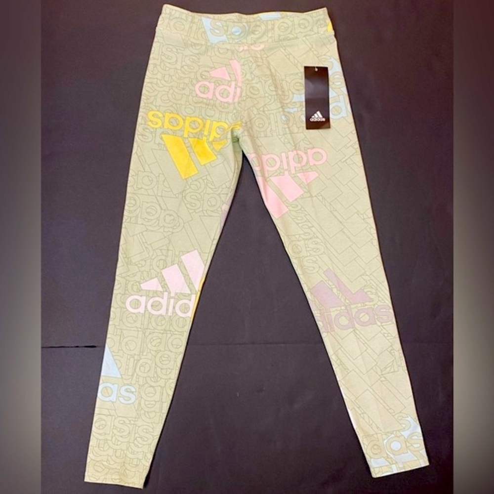 NWT Adidas Brand Love Allover Print Tights Leggings Linen Green Girls M (10/12)